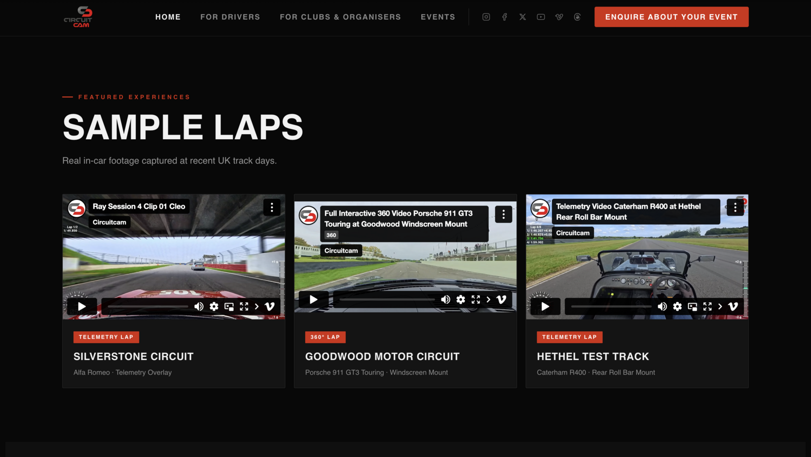 CircuitCam sample laps section showing three featured video cards from Silverstone, Goodwood, and Hethel track days.