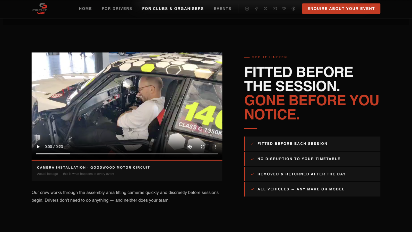 CircuitCam clubs and organisers page showing camera installation video and feature checklist.